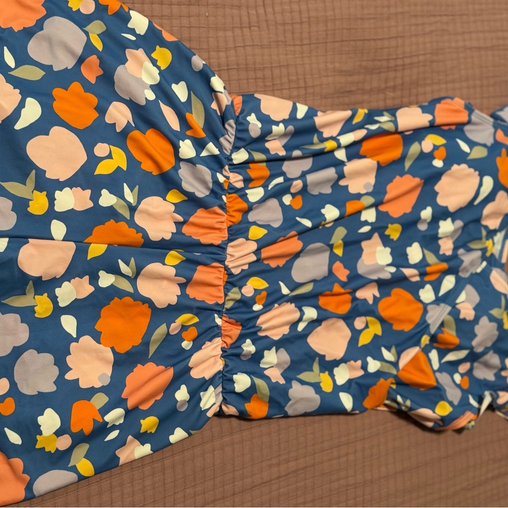 Floral V-Neck Honey Mark Swim Romper - Blue and Orange - Picture 2 of 8